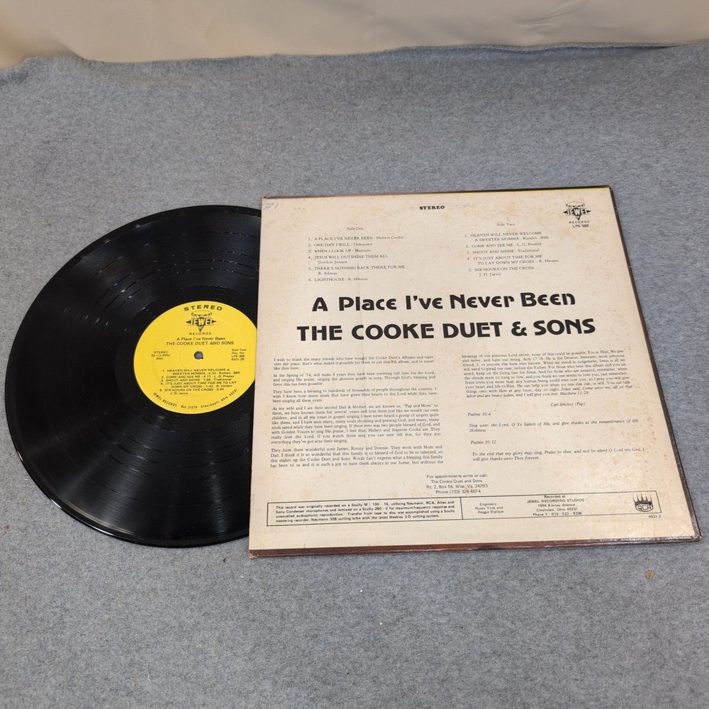 The Cooke Duet and Sons A Place I've Never Been Vinyl LP Jewel Records LPS 388 - Picture 2 of 2